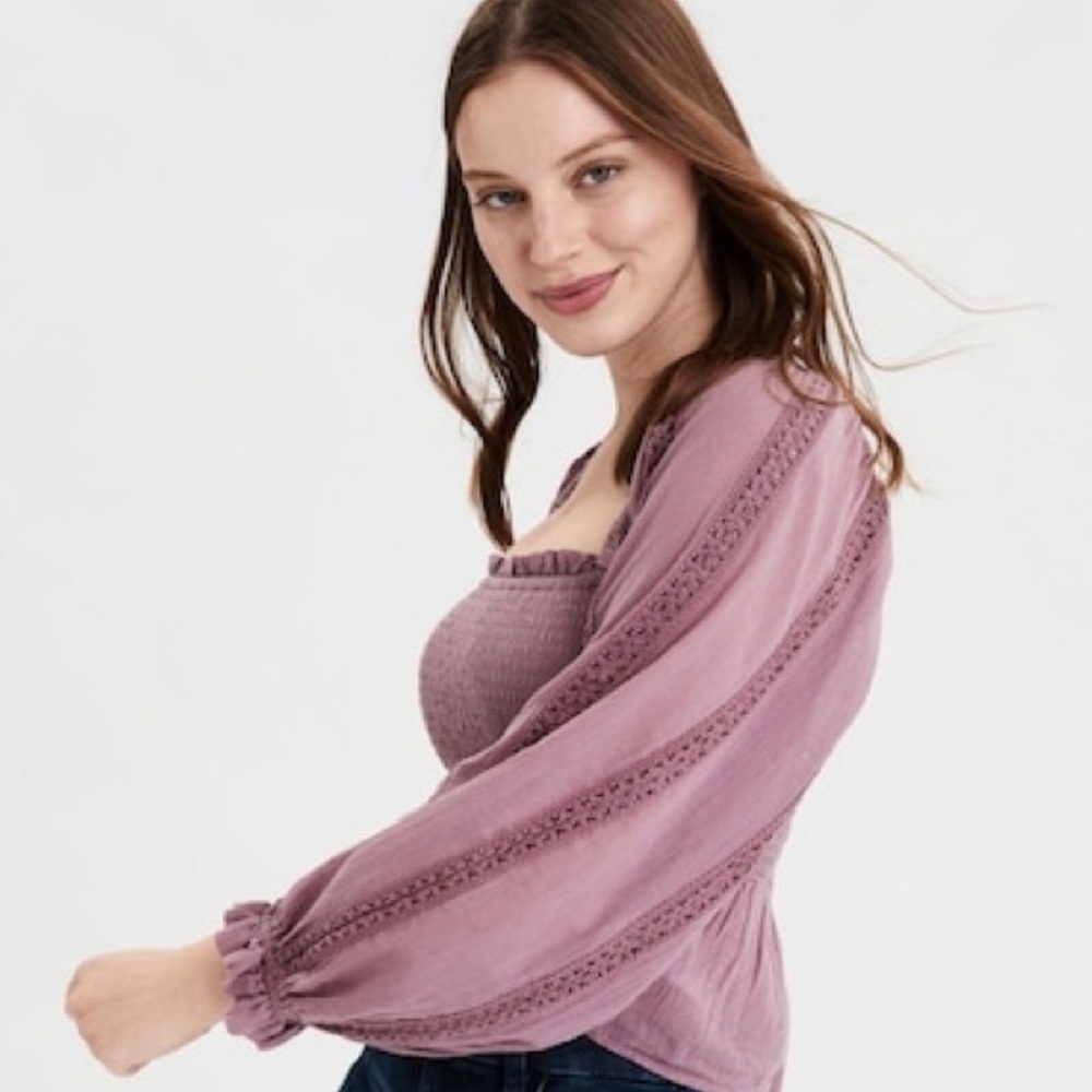Mauve American Eagle Smocked Long Sleeve Peasant Top